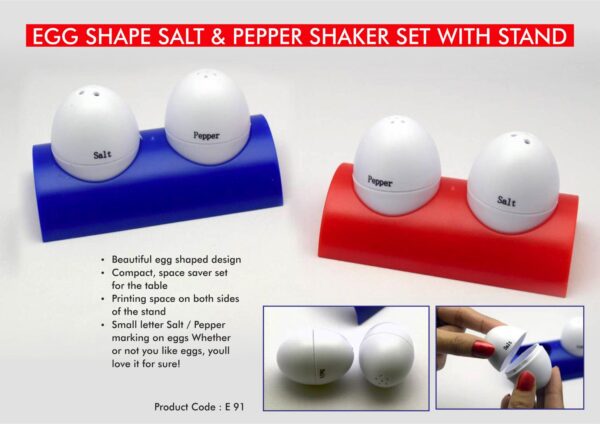 E91 - Egg shaped salt & pepper shaker set with stand