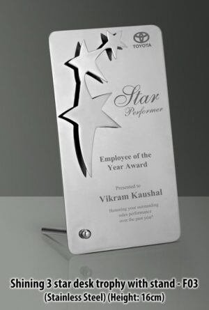 F03 - SS Shining 3 star desk trophy with stand