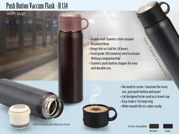 H134 - Push button Vacuum flask with Cup (500 ml approx)