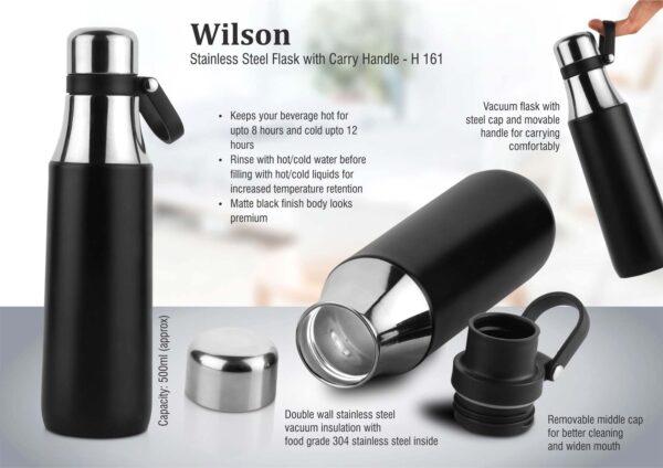 H161 - Wilson: Stainless steel flask with carry handle (500 ml approx)