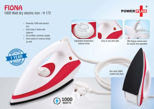 H172 - Fiona: 1000 Watt dry electric iron by Power Plus | 1 year warranty