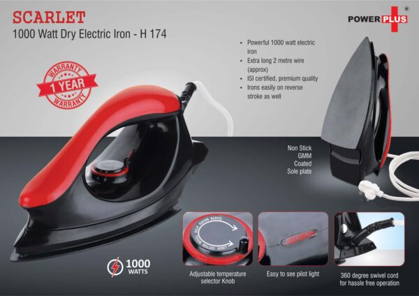 H174 - Scarlet: 1000 Watt dry electric iron by Power Plus | 1 year warranty