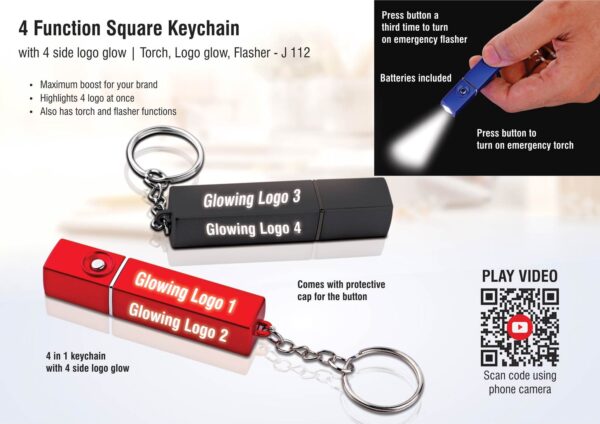 J112 - PowerGlow 4 in 1 square keychain with 4 side logo glow | Torch, Logo glow, Flasher