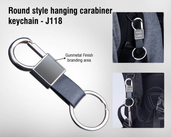 J118 - Round style hanging carabiner keychain (with PU strap) | Gunmetal finish