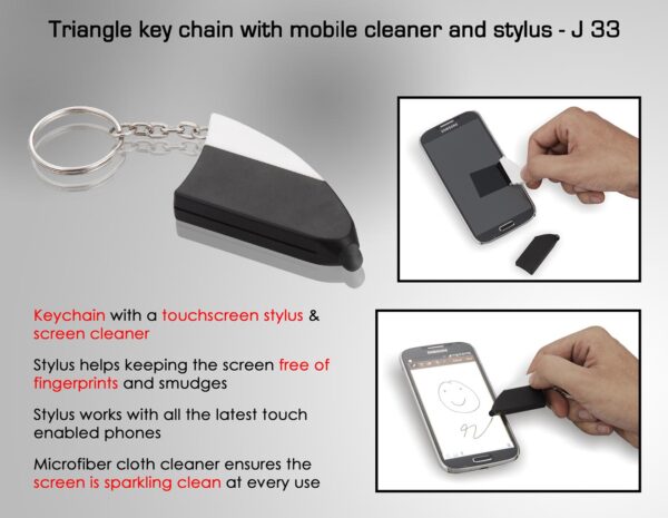 J33 - Triangle key chain with mobile cleaner and stylus