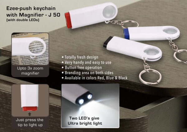 J50 - Double LED Ezee-push keychain with Magnifier