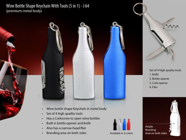 J64 - Wine Bottle shape keychain with 5 tools (metal)