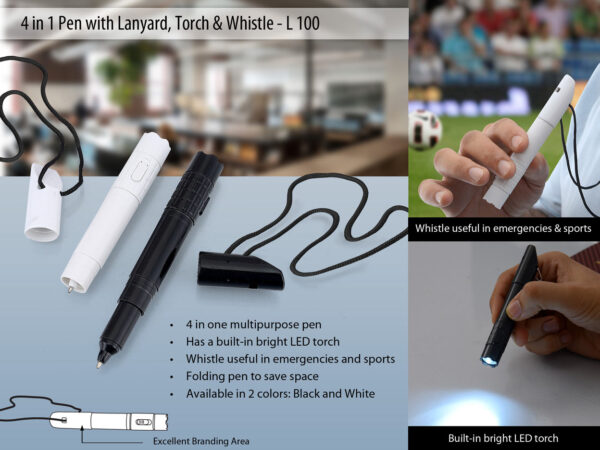 L100 - 4 in 1 pen with lanyard, torch & whistle