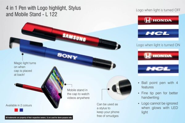 L122 - 4 in 1 Pen with Logo highlight, stylus and mobile stand