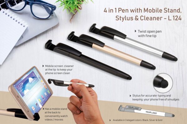 L124 - 4 in 1 pen with mobile stand, stylus and cleaner