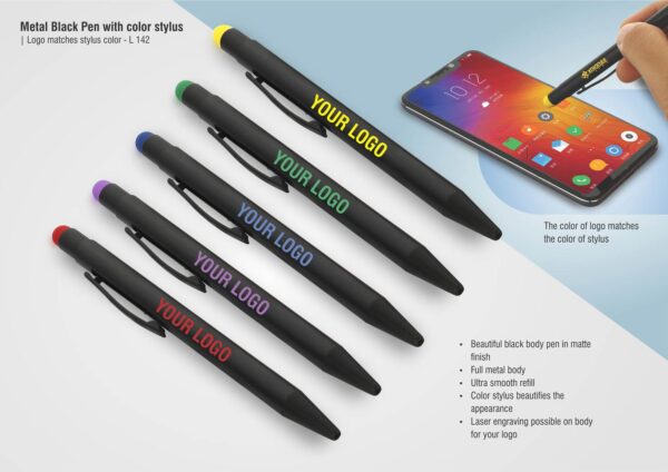 L142 - Metal black pen with color stylus | Logo matches stylus color