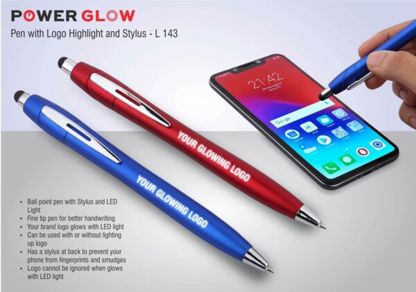 L143 - PowerGlow pen with logo highlight and stylus