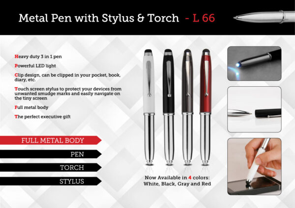 L66 - Metal pen with stylus & torch