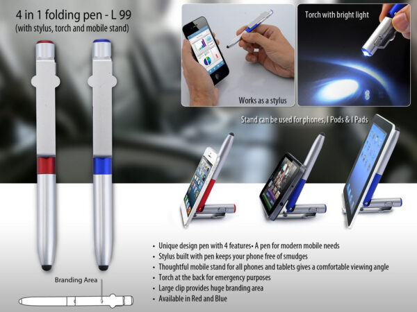 L99 - 4 in 1 folding pen with stylus, torch and mobile stand