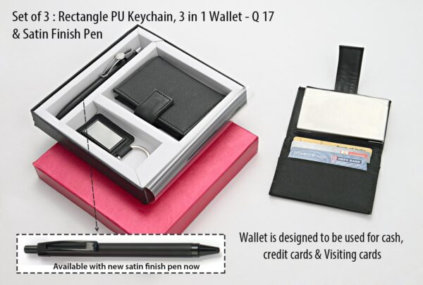 Q17 - Set of 3 : Rectangle PU Keychain (J70), 3 in 1 wallet (For cash, cards and visiting cards) & Highway Satin pen (L131)