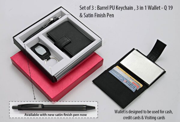 Q19 - Set of 3 : Barrel PU Keychain (J71), 3 in 1 wallet (For cash, cards and visiting cards) & Highway Satin pen (L131)