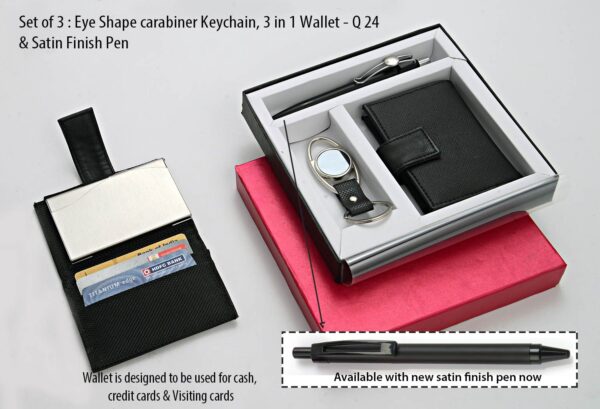 Q24 - Set of 3 : Eye shape carabiner Keychain (J74), 3 in 1 wallet (For cash, cards and visiting cards) & Highway Satin pen (L131)