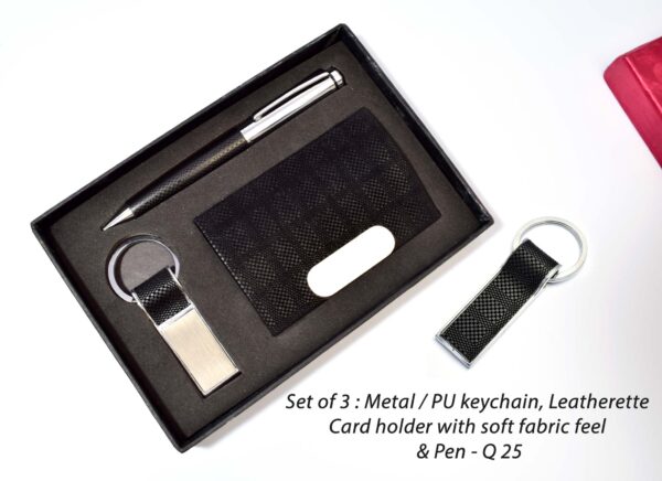 Q25 - Set of 3 : Metal / PU keychain with soft fabric feel (J100) , Leatherette Card holder with soft fabric feel (B63) & Pen