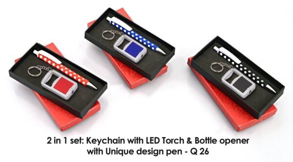 Q26 - 2 in 1 set: Key chain with opener and torch (J31) & Webbing circle pen (L109)