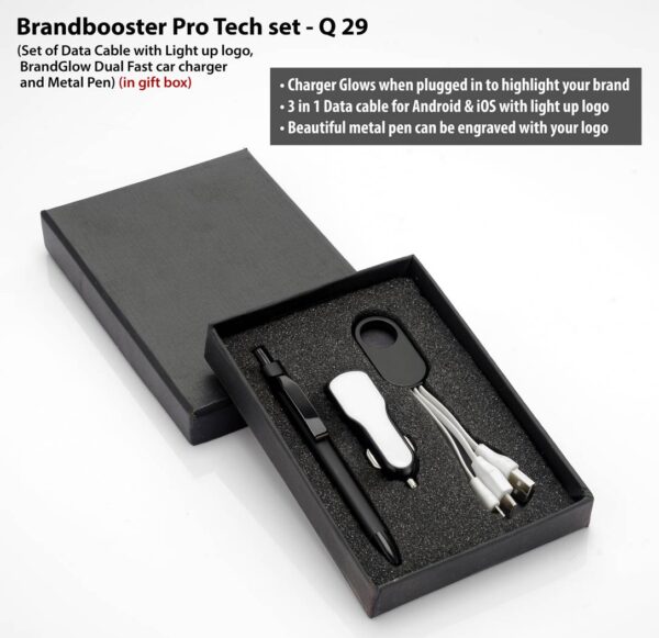 Q29 - Brandbooster Pro Tech set: Set of Data Cable with Light up logo (C65), BrandGlow car charger with fast charging (C68), Metal pen (L114)