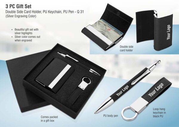 Q31 - 3 pc gift set: Double side card holder, PU keychain, PU pen | Silver laser color