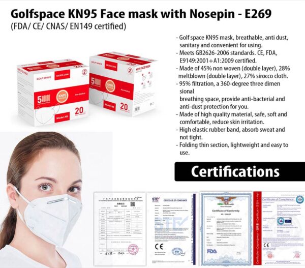 E269 - Golfspace KN95 Face mask with Nosepin (FDA/ CE/ CNAS/ EN149 certified) | Certificate inside | 20pc box