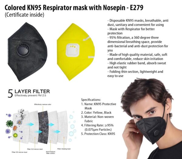 E279 - Colored KN95 Respirator mask with Nosepin | Certificate inside