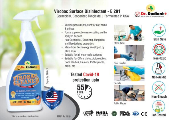 E291 - Virobac Surface Disinfectant | Germicidal, Deodorizer, Fungicidal | Formulated in USA | Tested Covid-19 protection upto 55 hours | 600 ml | MRP 185 by Dr Radiant Plus