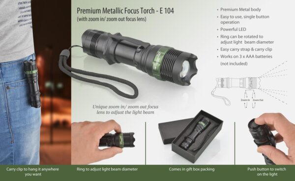 E104 - Metal focus torch (Premium) (with zoom in / zoom out lens)