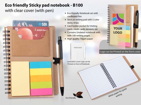 B100 - Eco friendly Sticky pad notebook with clear cover (with pen)