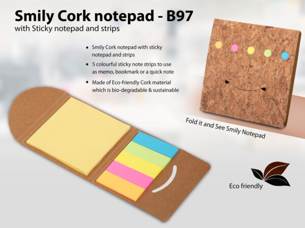 B97 - Smily Cork notepad with Sticky notepad and strips