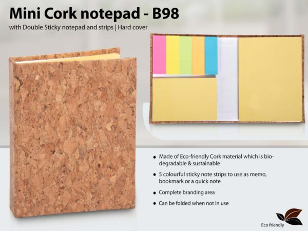 B98 - Mini Cork notepad with Double Sticky notepad and strips | Hard cover