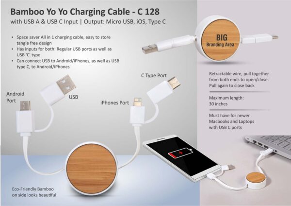 C128 - Bamboo Yo yo charging cable with USB A & USB C input | Output: Micro USB, iOS, Type C