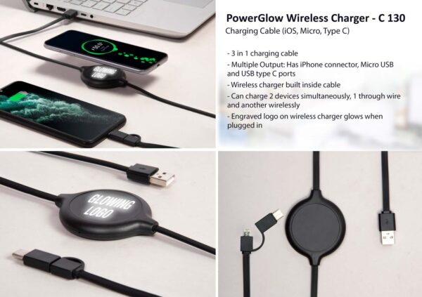 C130 - PowerGlow Wireless Charger | Charging Cable (iOS, Micro, Type C) | Logo glow function