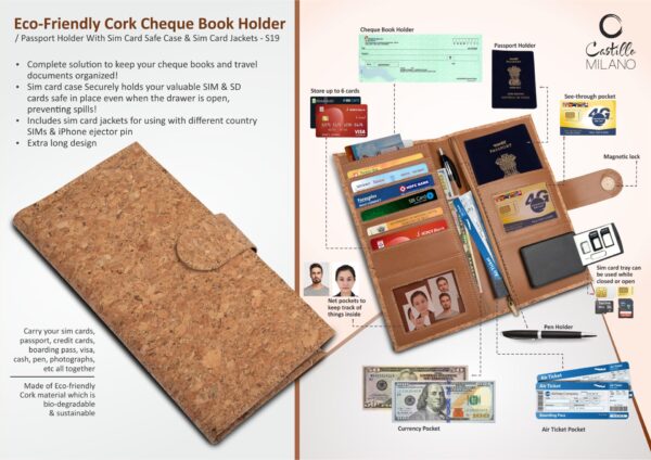 S19 - Eco-Friendly Cork Cheque Book Holder / Passport Holder With Sim Card Safe Case & Sim Card Jackets