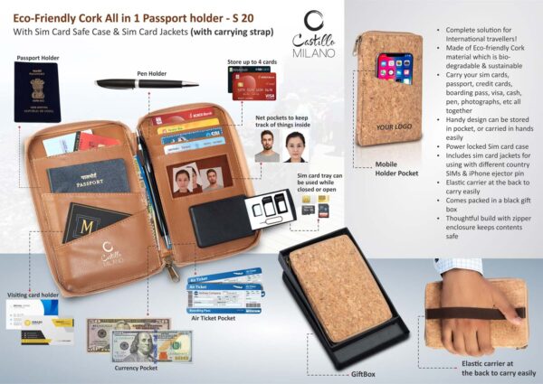 S20 - Eco-Friendly Cork All in 1 Passport holder With Sim Card Safe Case & Sim Card Jackets (with carrying strap)