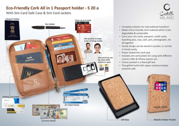 S20a - Eco-Friendly Cork All in 1 Passport holder With Sim Card Safe Case & Sim Card Jackets (without carrying strap)