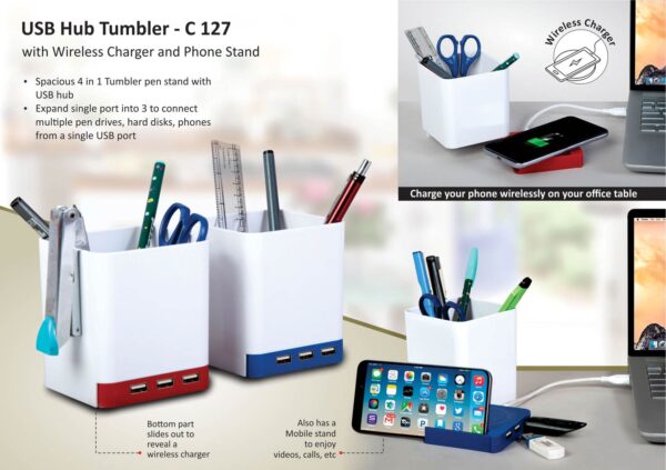 C127 - USB hub tumbler with wireless charger and Phone stand