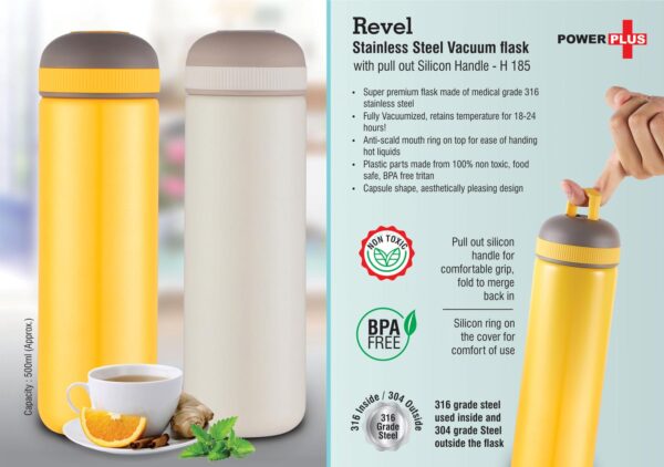 H185 - Revel Stainless Steel Vacuum flask with pull out Silicon Handle (500ml Approx)