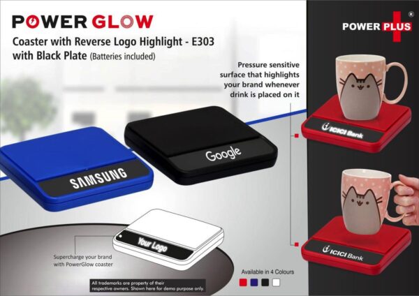 E303 - PowerGlow coaster with Reverse logo highlight | With Black plate (batteries included)