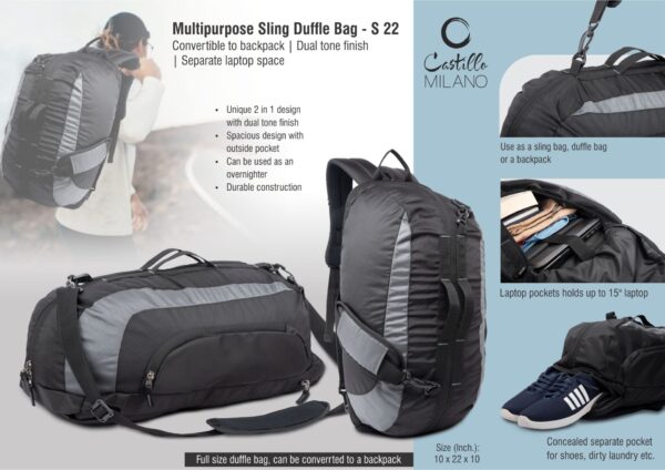 S22 - Multipurpose Sling Duffle Bag | Convertible to backpack | Dual tone finish | Separate laptop space