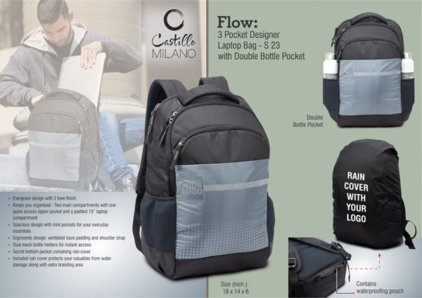 S23 - Flow: 3 pocket Designer laptop bag with double bottle pocket and rain cover