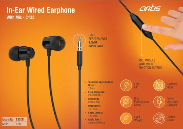 C133 - Artis In-Ear Wired Earphone With Mic (E350M) (MRP 499)