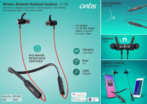 C136 - Artis Wireless Bluetooth Neckband Earphone with ear fins | Magnetic Lock control | 8 hours playback | Fast charging | Voice assistant support | IPX5 water resistant (BE930M) (MRP 3299)