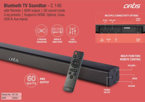 C140 - Artis Bluetooth TV Soundbar with Remote | 60W output | 3D sound mode | 3 eq presets | Supports HDMI, Optical, Coax, USB & Aux inputs (BTX5) (MRP 6999)