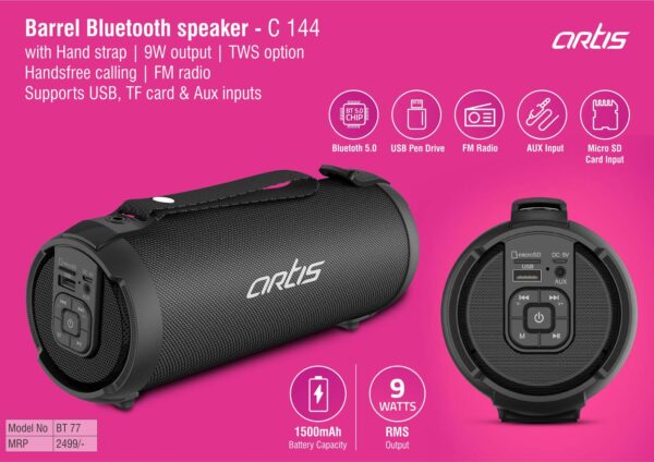 C144 - Artis Barrel Bluetooth speaker with Hand strap | 9W output | TWS option | Handsfree calling | FM radio | Supports USB, TF card & Aux inputs (BT77) (MRP 2499)