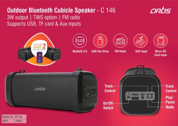 C146 - Artis Outdoor Bluetooth Cubicle speaker | 3W output | TWS option | FM radio | Supports USB, TF card & Aux inputs (BT90) (MRP 1699)