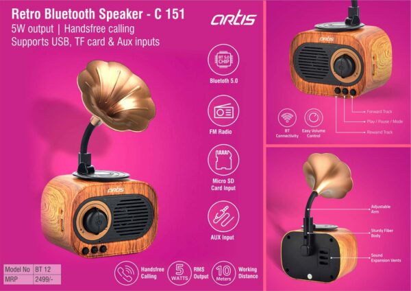 C151 - Artis Retro Bluetooth speaker | 5W output | Handsfree calling | Supports USB, TF card & Aux inputs (BT12) (MRP 2499)