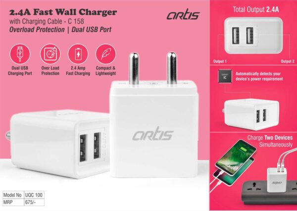 C158 - Artis 2.4A Fast wall charger with Micro USB charging cable | Overload protection | BIS Certified | MRP 675