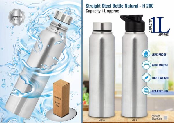 H200 - Straight steel single wall bottle Natural | Capacity 1L approx